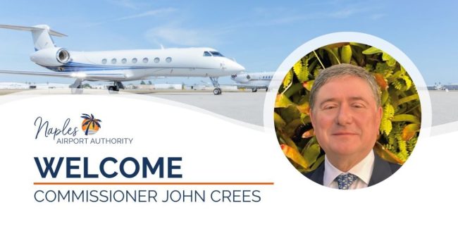 NAA -Edition 24 Newsletter Graphics – Nov 2024 Welcome John Cress Airplane in the background Naples Airport Authority