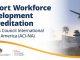 Sign for Naples Airport Authority with palm trees, jet flying overhead, and text: “Airport Workforce Development Accreditation, Airports Council International – North America (ACI-NA).”.