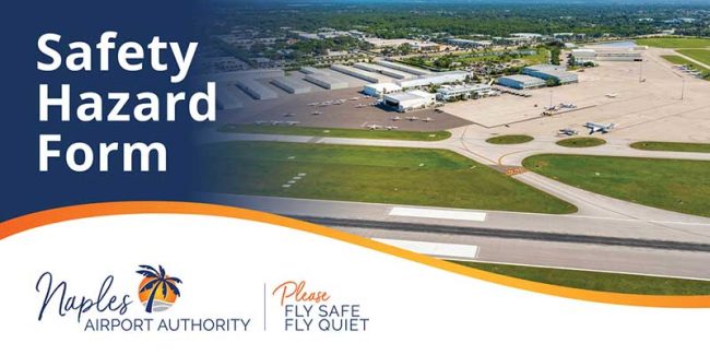 NAA-SMS-v3 Aerial view of Naples Airport with runways, terminal buildings, and parked planes. Text reads "Safety Hazard Form" and "Naples Airport Authority.