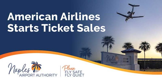 American Airlines starts ticket sales, with a jet taking off near the Naples Airport Authority sign surrounded by palm trees at sunset.
